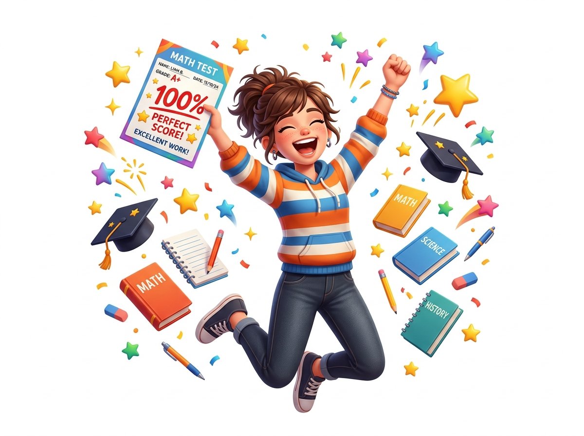 Student Celebrating 100% Exam Score